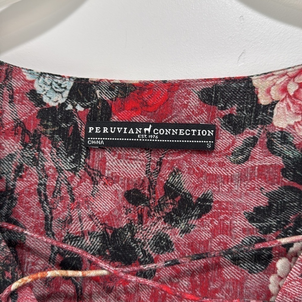 Peruvianan Connection Red Black Floral Lace Up Babydoll Dress Long Sleeve Small - Picture 5 of 8
